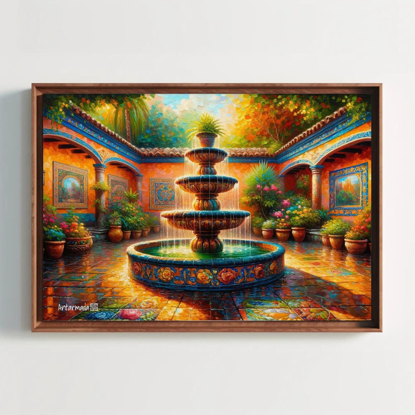 Mexican Courtyard Canvas | Vibrant Mexican Wall Art - Traditional Garden Print - Antarmada