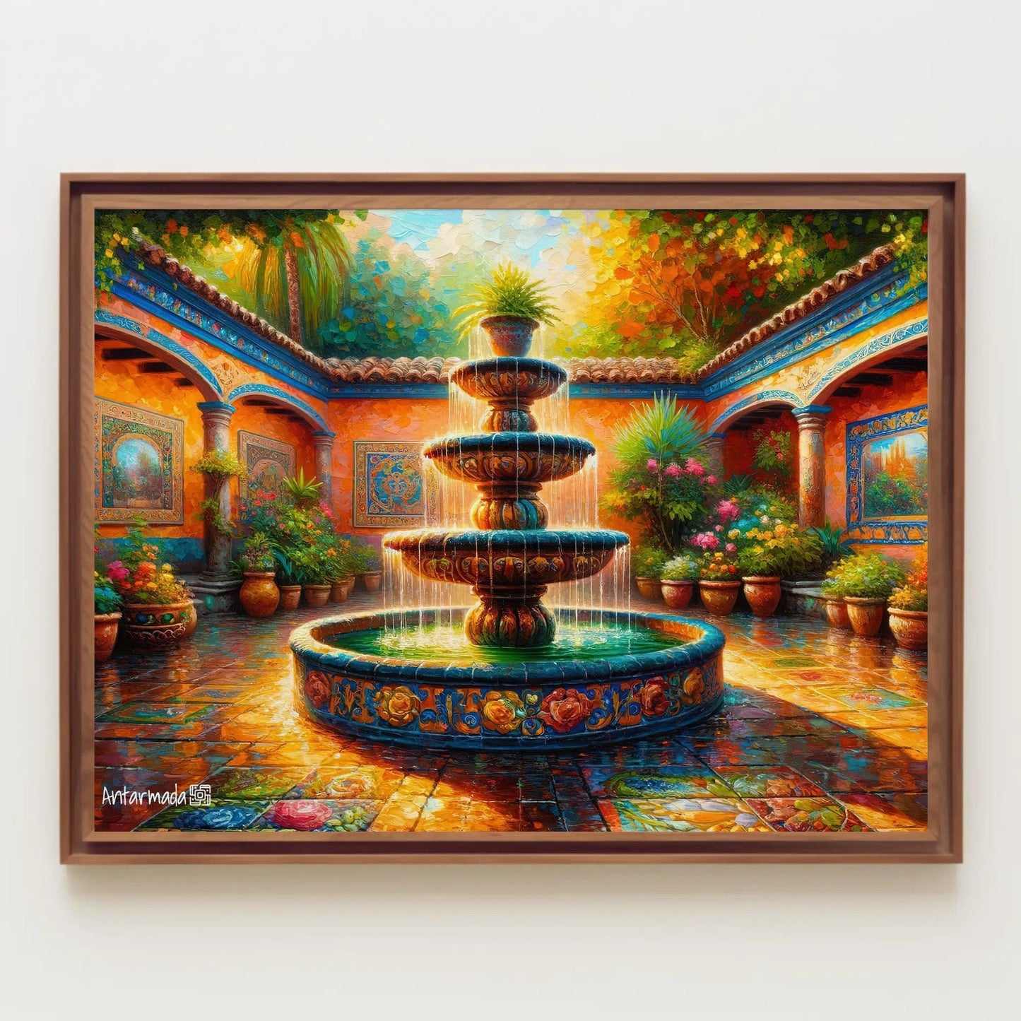 Mexican Courtyard Canvas | Vibrant Mexican Wall Art - Traditional Garden Print - Antarmada