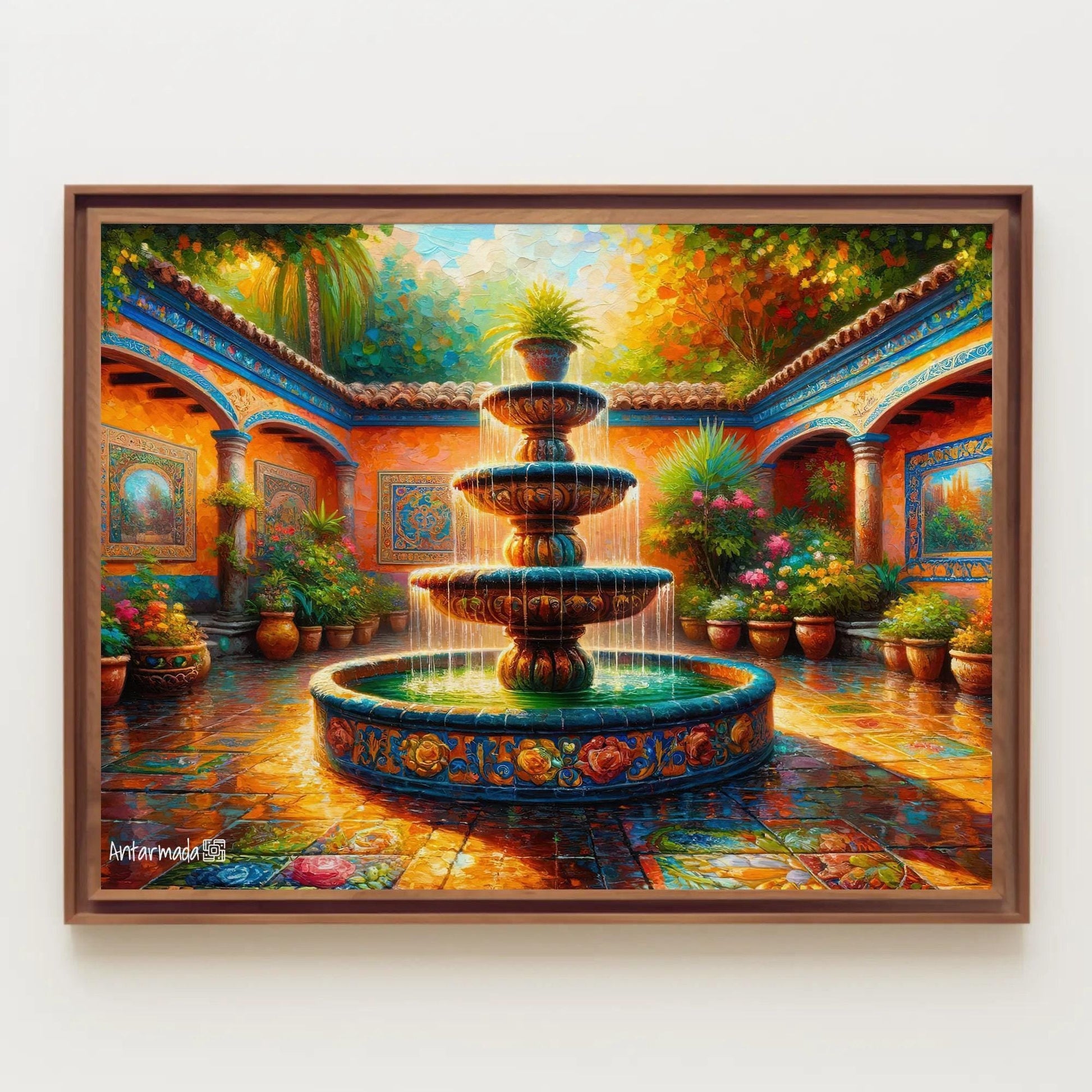Mexican Courtyard Canvas | Vibrant Mexican Wall Art - Traditional Garden Print - Antarmada