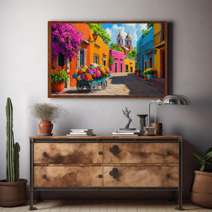 Mexican Flower Street , Colorful Mexico canvas wall art shown in a styled room (view 6)