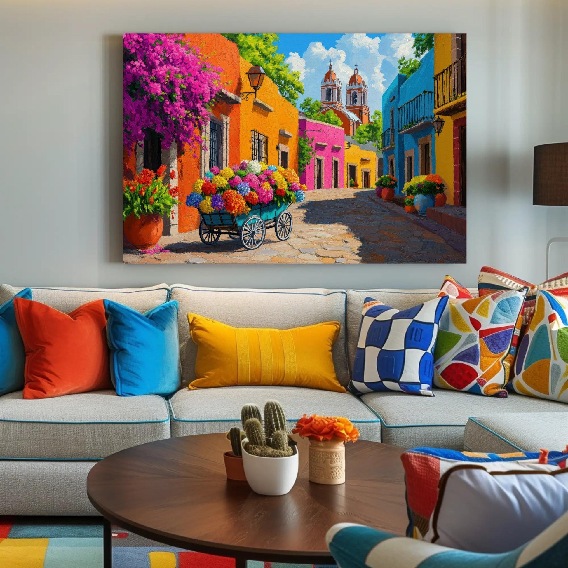 Mexican Flower Street , Colorful Mexico canvas wall art shown in a styled room (view 5)