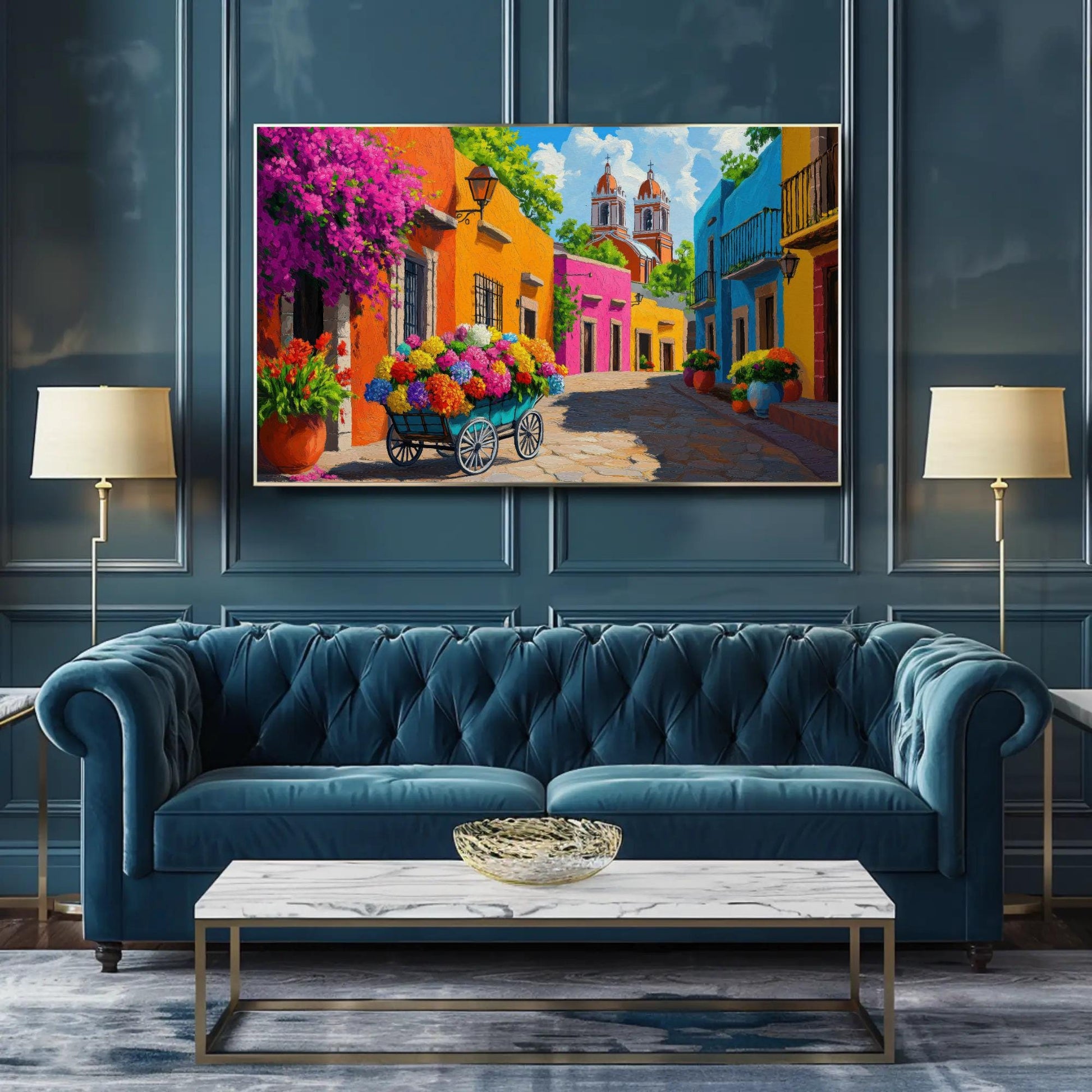 Mexican Flower Street , Colorful Mexico canvas wall art shown in a styled room (view 9)