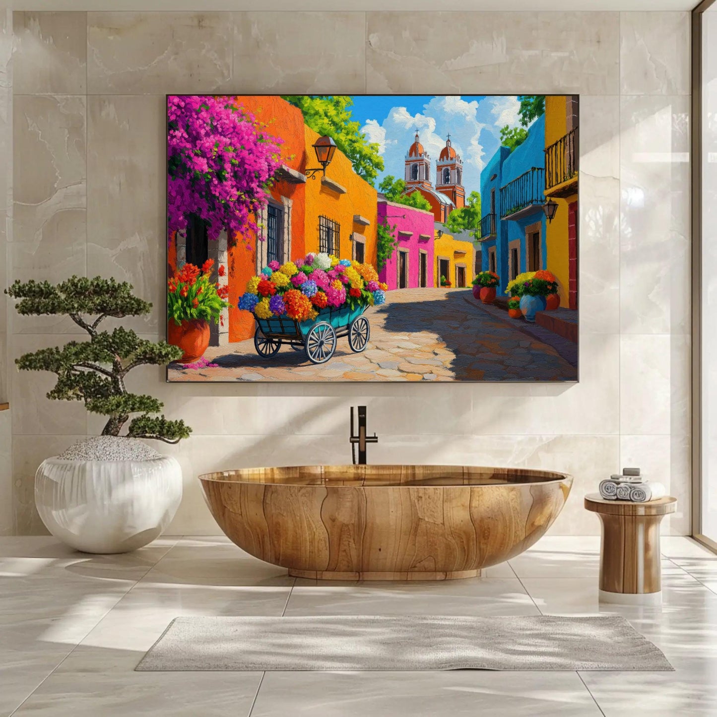 Mexican Flower Street , Colorful Mexico canvas wall art shown in a styled room (view 8)