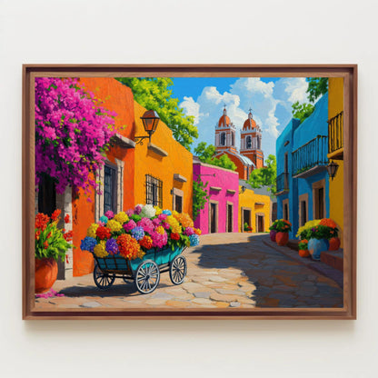 Mexican Flower Street , Colorful Mexico canvas wall art shown in a styled room (view 4)