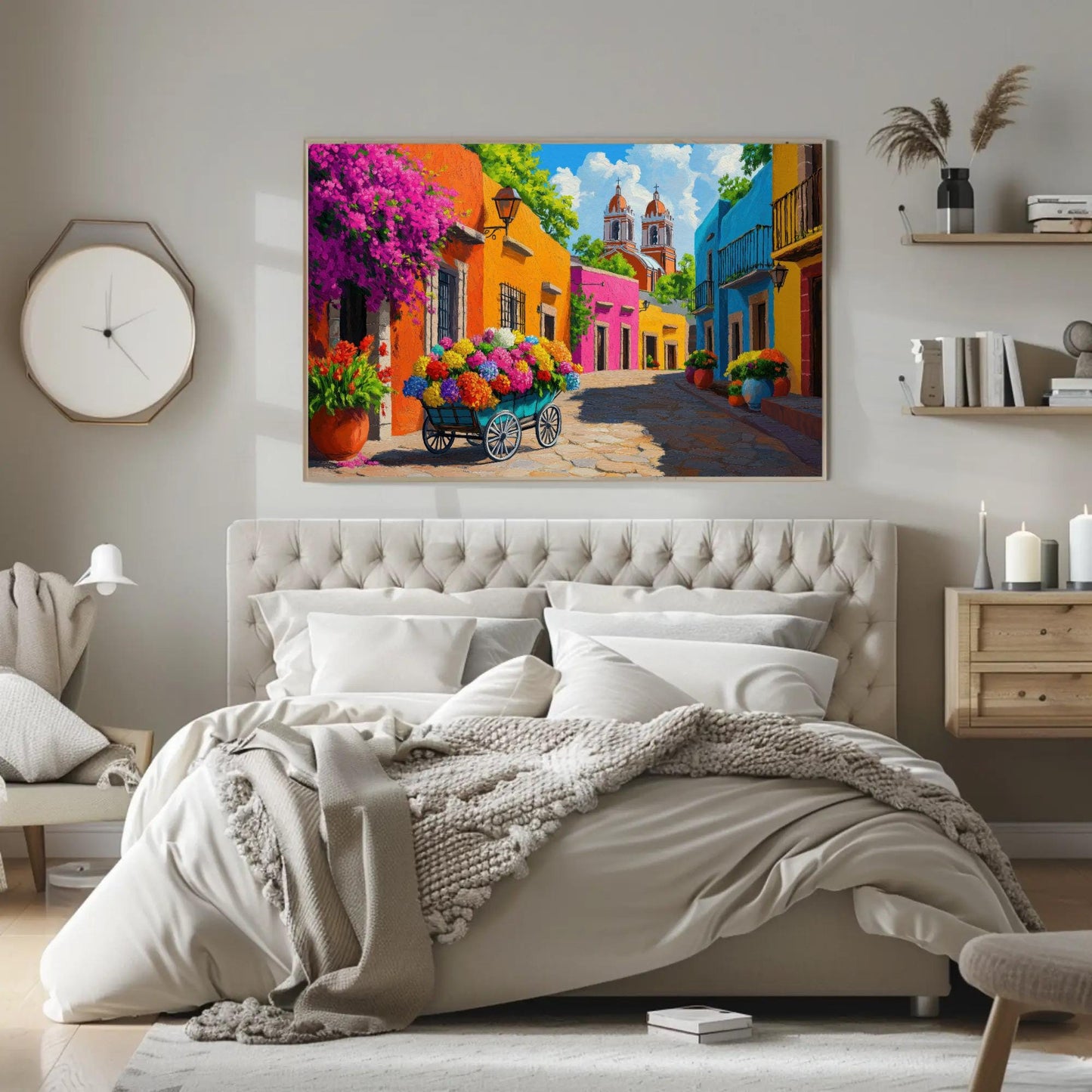 Mexican Flower Street , Colorful Mexico canvas wall art shown in a styled room (view 2)