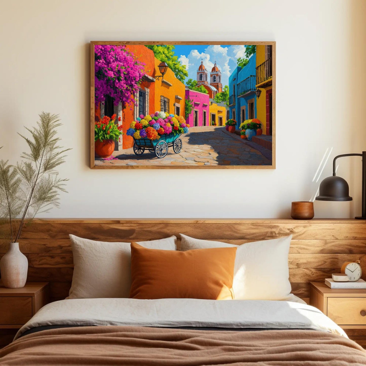 Mexican Flower Street , Colorful Mexico canvas wall art shown in a styled room (view 3)