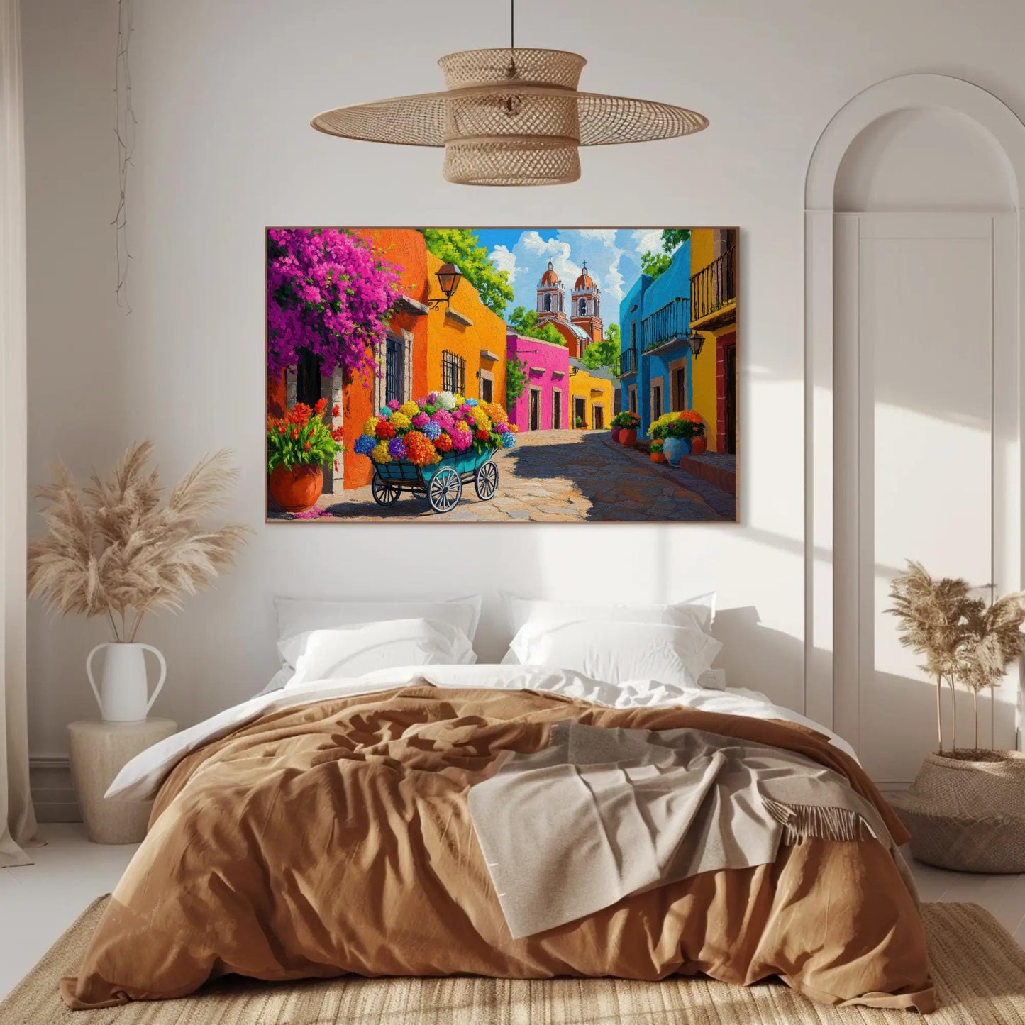 Mexican Flower Street , Colorful Mexico canvas wall art shown in a styled room (view 7)