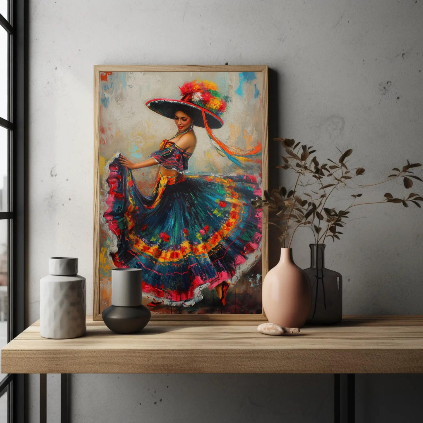 Mexican Folk Art Canvas - Framed Colorful Mexican Woman Print Ready to Hang - Antarmada