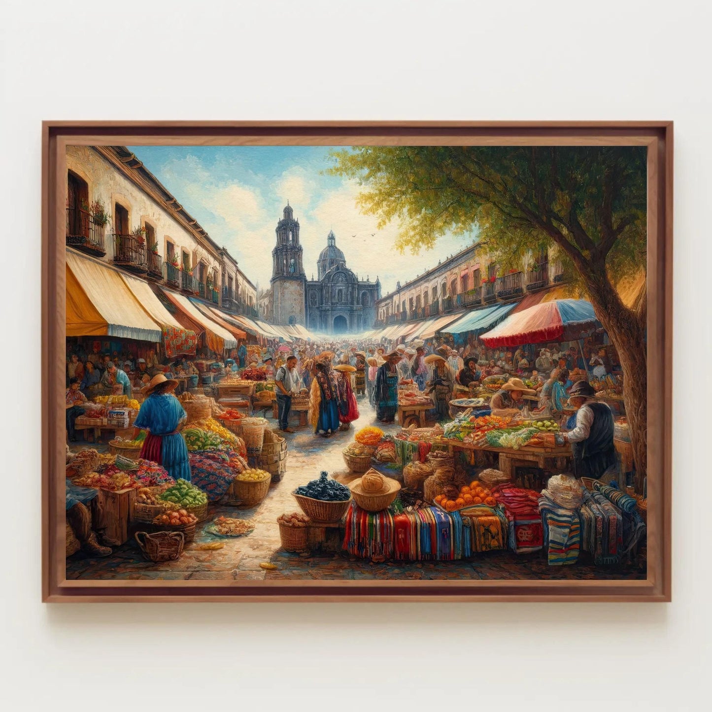 Mexican Market Oil Painting – Framed Canvas Print With Wooden Frame, Vibrant Market Scene - Antarmada