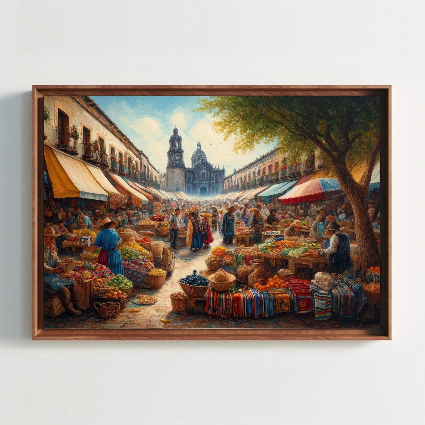 Mexican Market Oil Painting – Framed Canvas Print With Wooden Frame, Vibrant Market Scene - Antarmada