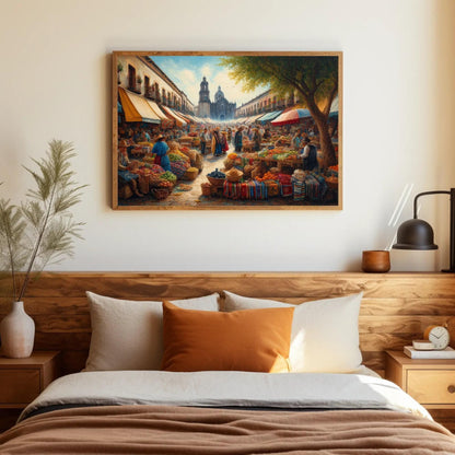 Mexican Market Oil Painting – Framed Canvas Print With Wooden Frame, Vibrant Market Scene - Antarmada