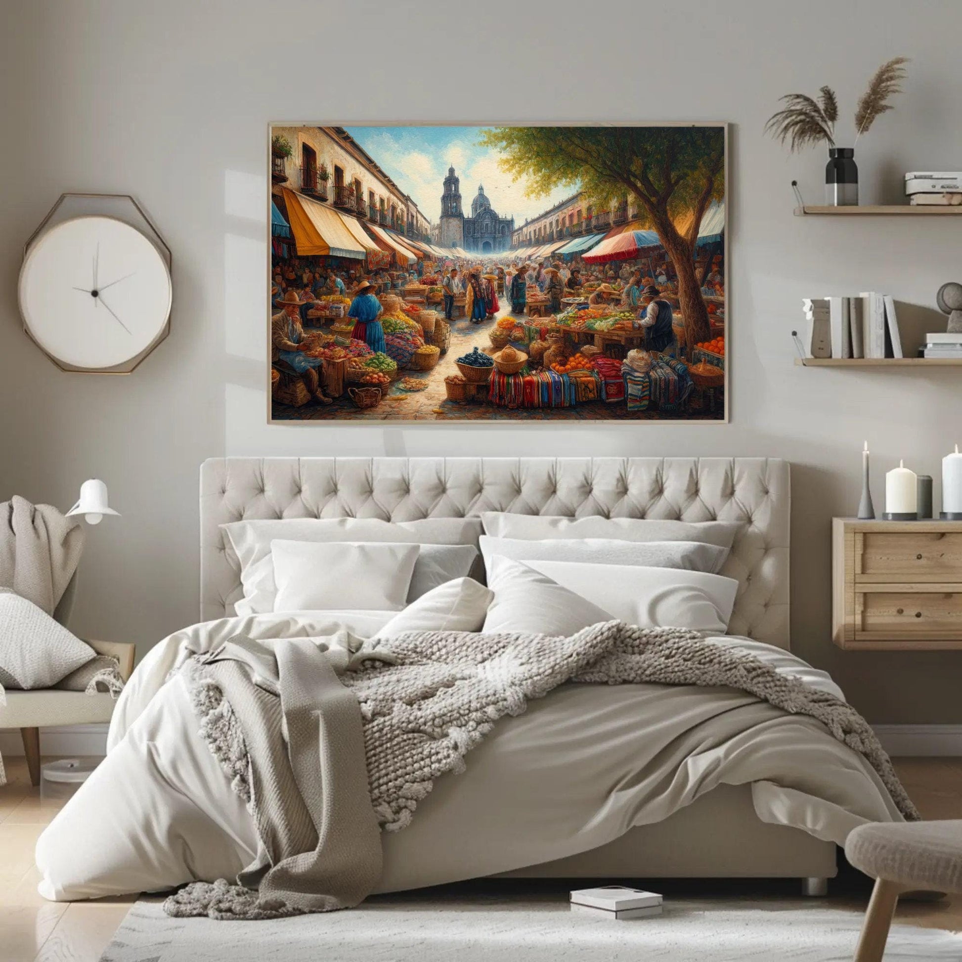 Mexican Market Oil Painting – Framed Canvas Print With Wooden Frame, Vibrant Market Scene - Antarmada