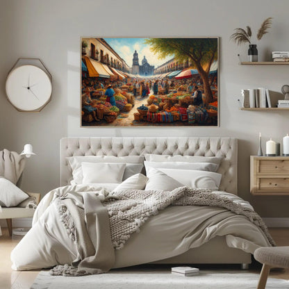 Mexican Market Oil Painting – Framed Canvas Print With Wooden Frame, Vibrant Market Scene - Antarmada