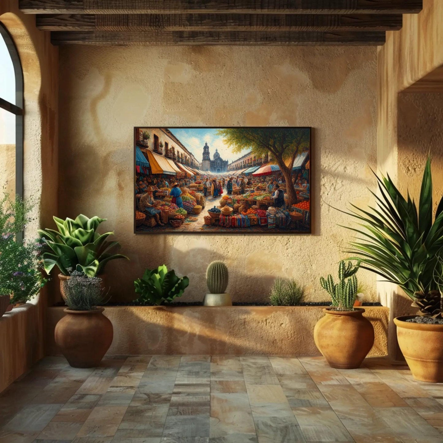 Mexican Market Oil Painting – Framed Canvas Print With Wooden Frame, Vibrant Market Scene - Antarmada