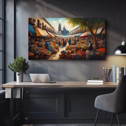 Mexican Market Oil Painting – Framed Canvas Print With Wooden Frame, Vibrant Market Scene - Antarmada