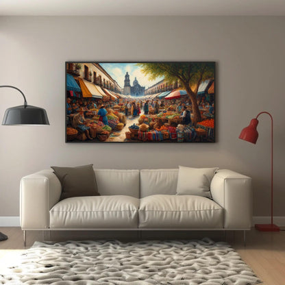 Mexican Market Oil Painting – Framed Canvas Print With Wooden Frame, Vibrant Market Scene - Antarmada