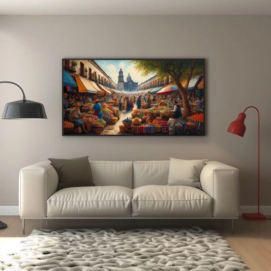 Mexican Market Oil Painting – Framed Canvas Print With Wooden Frame, Vibrant Market Scene - Antarmada