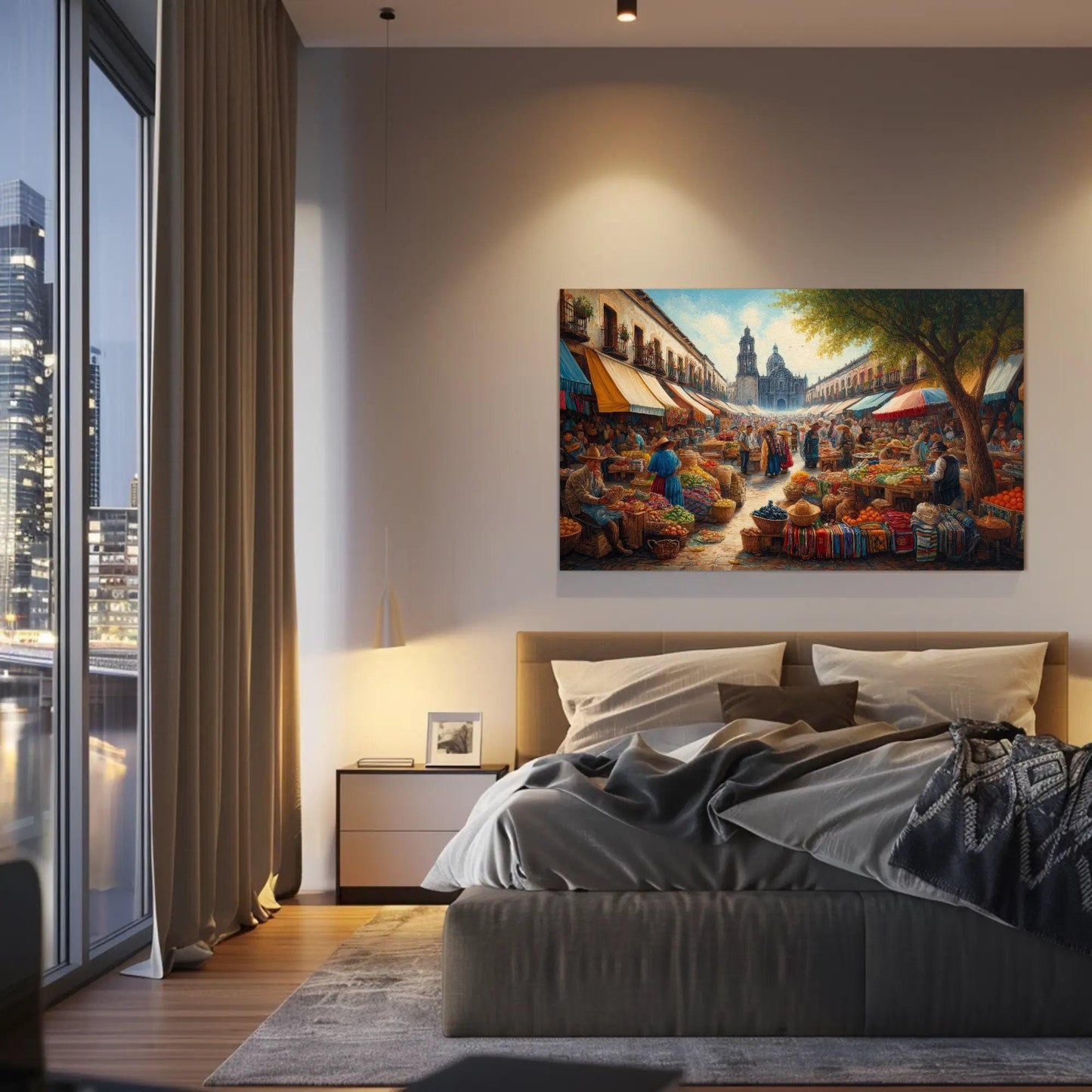 Mexican Market Oil Painting – Framed Canvas Print With Wooden Frame, Vibrant Market Scene - Antarmada