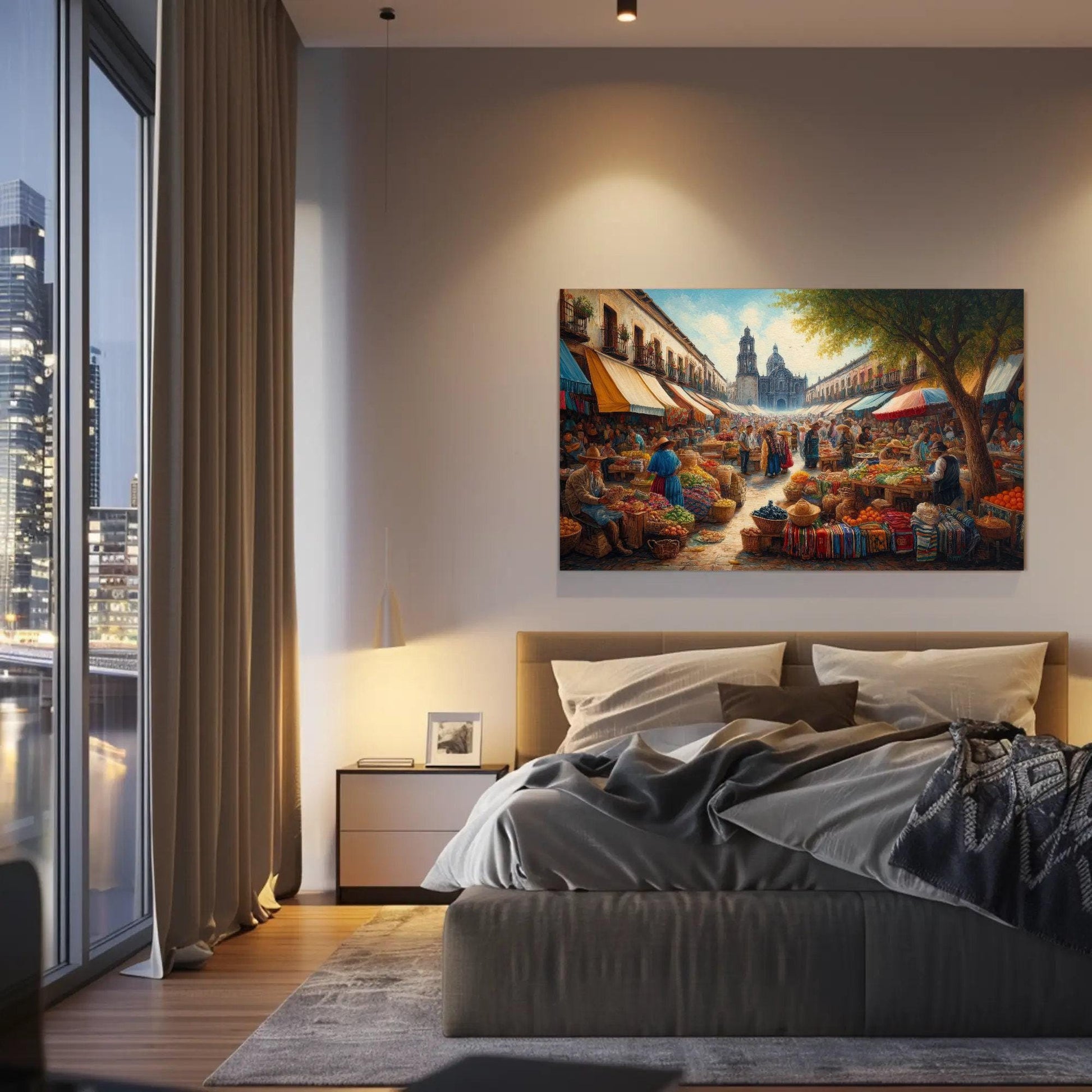 Mexican Market Oil Painting – Framed Canvas Print With Wooden Frame, Vibrant Market Scene - Antarmada