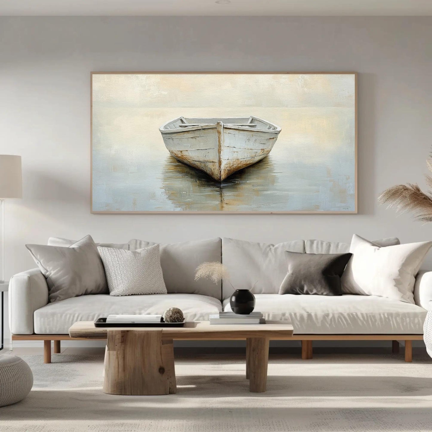 Misty Lake Canvas | White Boat Painting on Neutral Toned Serene Landscape Wall Art - Antarmada