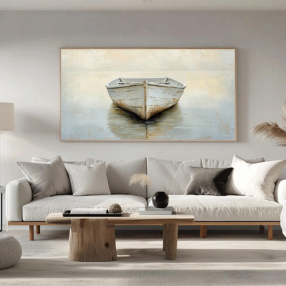 Misty Lake Canvas | White Boat Painting on Neutral Toned Serene Landscape Wall Art - Antarmada