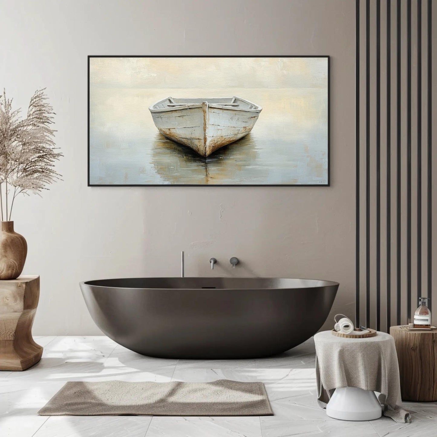 Misty Lake Canvas | White Boat Painting on Neutral Toned Serene Landscape Wall Art - Antarmada