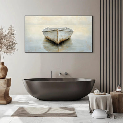 Misty Lake Canvas | White Boat Painting on Neutral Toned Serene Landscape Wall Art - Antarmada