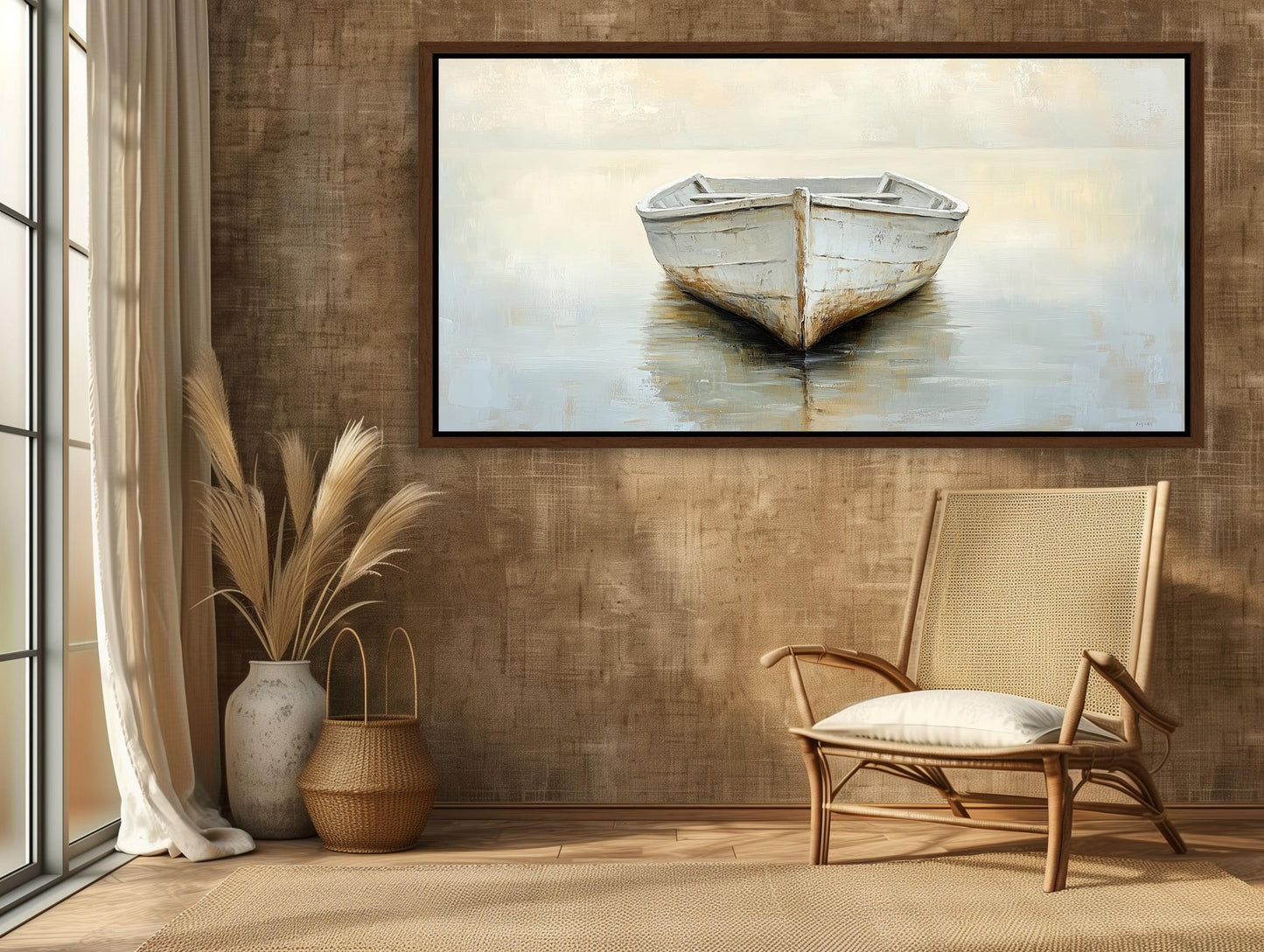 Misty Lake Canvas | White Boat Painting on Neutral Toned Serene Landscape Wall Art - Antarmada