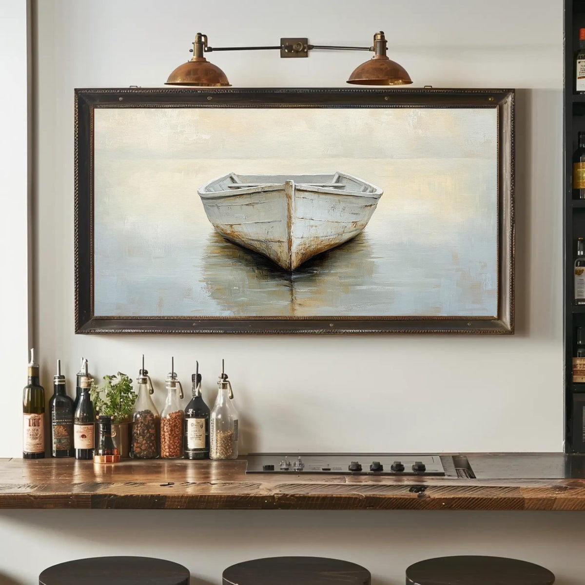 Misty Lake Canvas | White Boat Painting on Neutral Toned Serene Landscape Wall Art - Antarmada