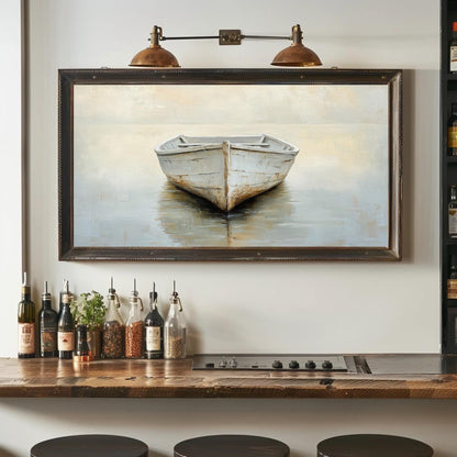 Misty Lake Canvas | White Boat Painting on Neutral Toned Serene Landscape Wall Art - Antarmada