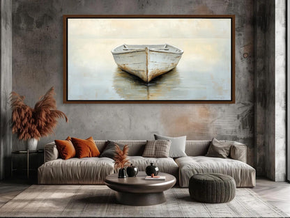 Misty Lake Canvas | White Boat Painting on Neutral Toned Serene Landscape Wall Art - Antarmada