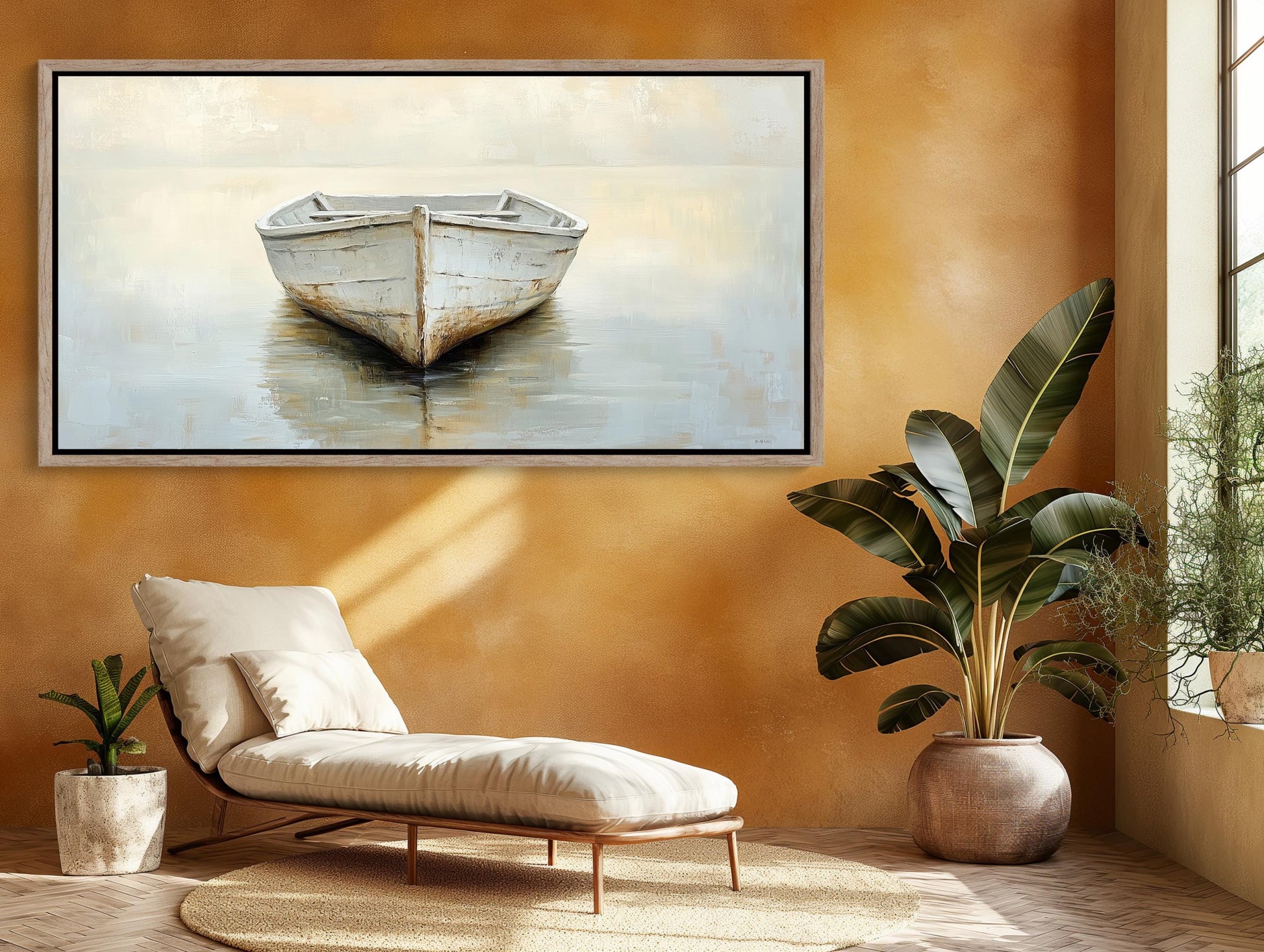 Misty Lake Canvas | White Boat Painting on Neutral Toned Serene Landscape Wall Art - Antarmada