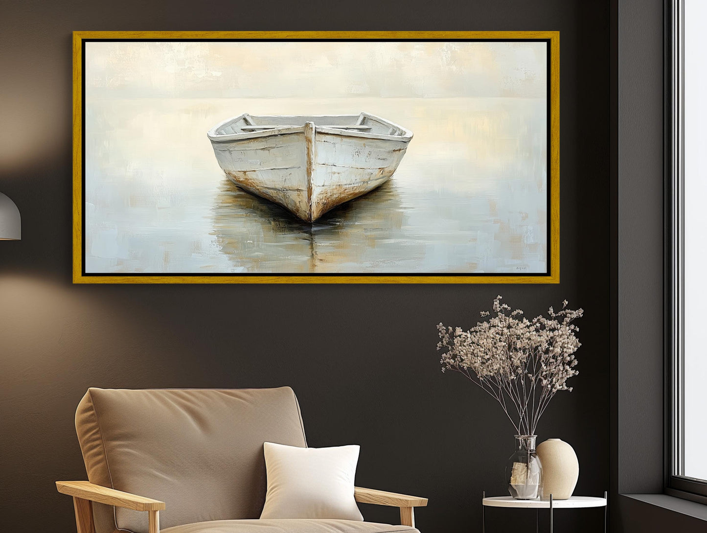 Misty Lake Canvas | White Boat Painting on Neutral Toned Serene Landscape Wall Art - Antarmada