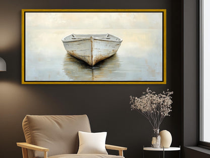 Misty Lake Canvas | White Boat Painting on Neutral Toned Serene Landscape Wall Art - Antarmada