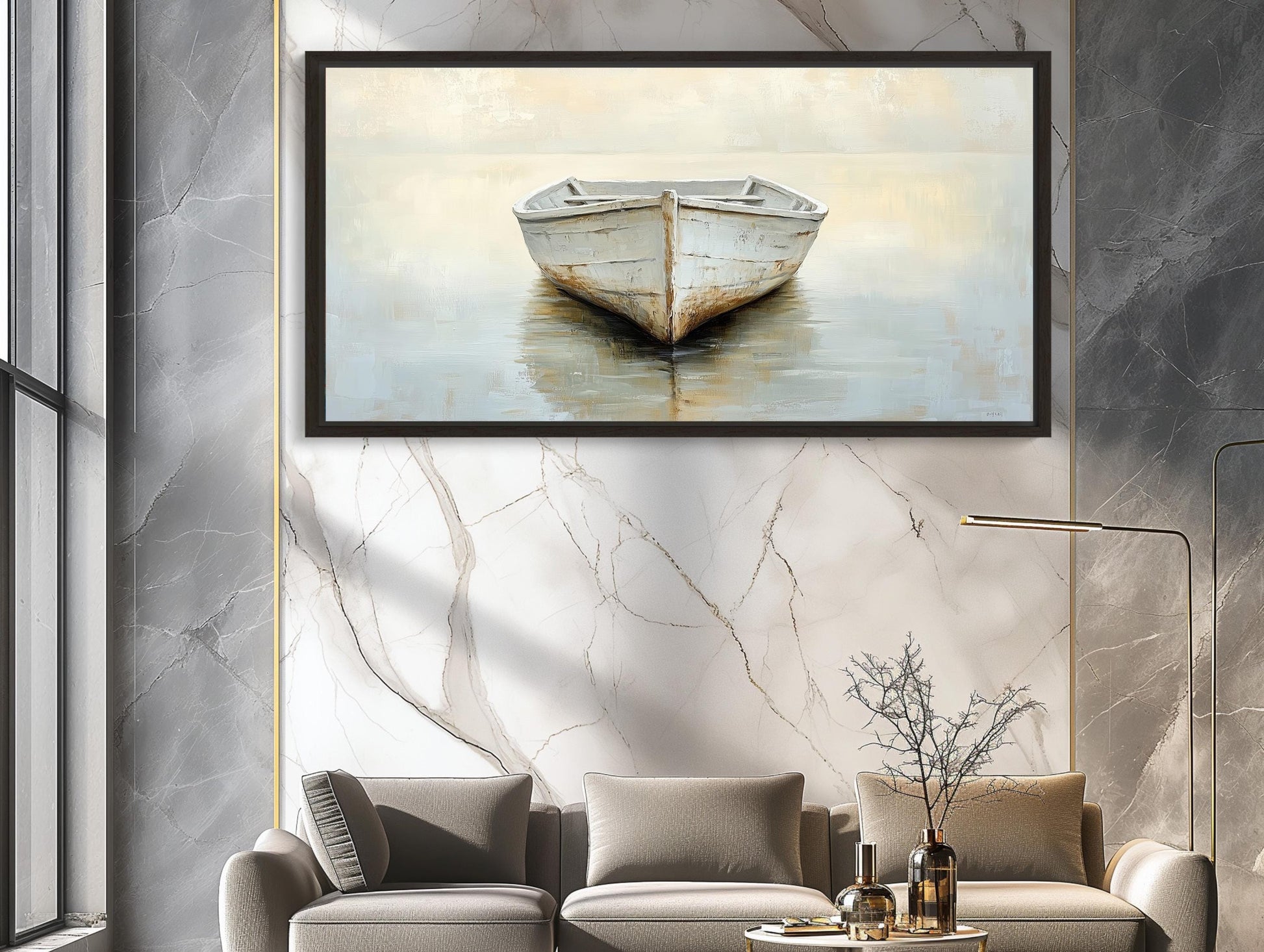 Misty Lake Canvas | White Boat Painting on Neutral Toned Serene Landscape Wall Art - Antarmada