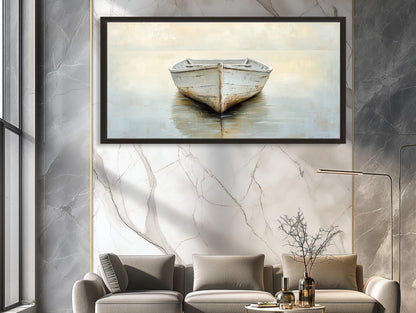Misty Lake Canvas | White Boat Painting on Neutral Toned Serene Landscape Wall Art - Antarmada