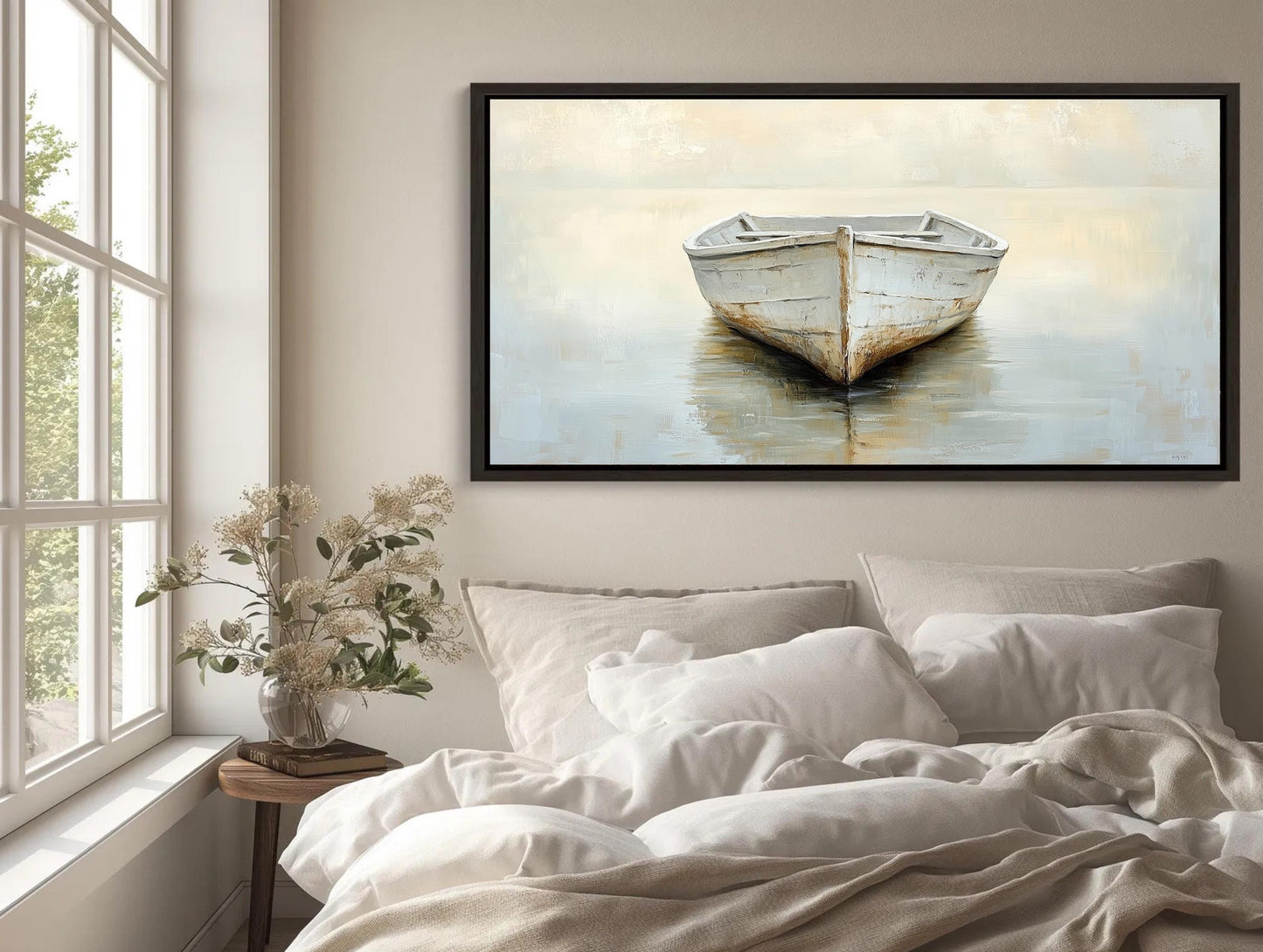 Misty Lake Canvas | White Boat Painting on Neutral Toned Serene Landscape Wall Art - Antarmada