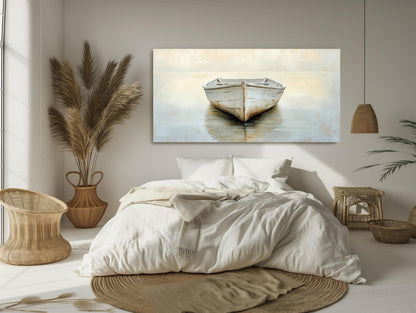 Misty Lake Canvas | White Boat Painting on Neutral Toned Serene Landscape Wall Art - Antarmada