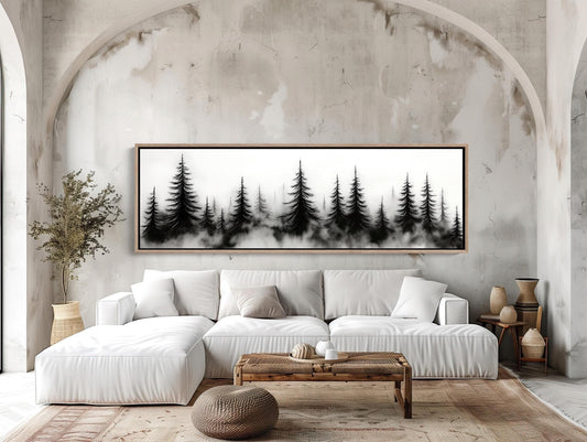 Misty Pine Forest Canvas - Extra Large Black and White Watercolor Art | Panoramic Wall Decor - Antarmada