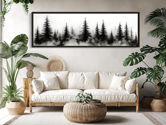 Misty Pine Forest Canvas - Extra Large Black and White Watercolor Art | Panoramic Wall Decor - Antarmada