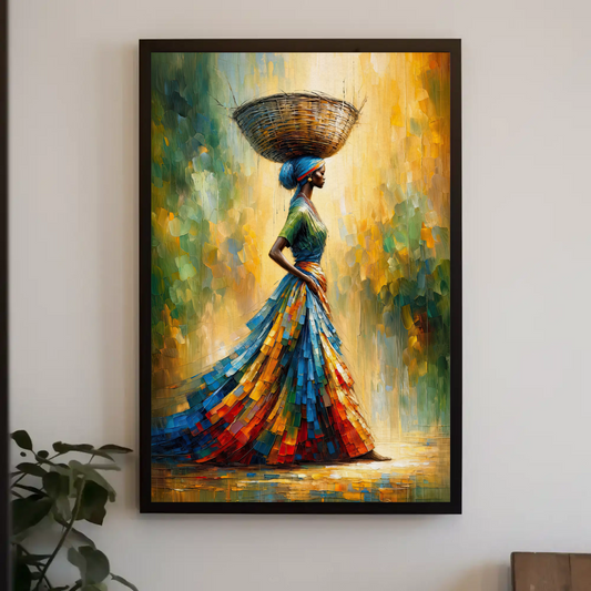 African Woman Carrying a Basket Oil Painting Canvas Print, Framed Canvas Black Art, African American Wall Decor, Black Woman Art Poster