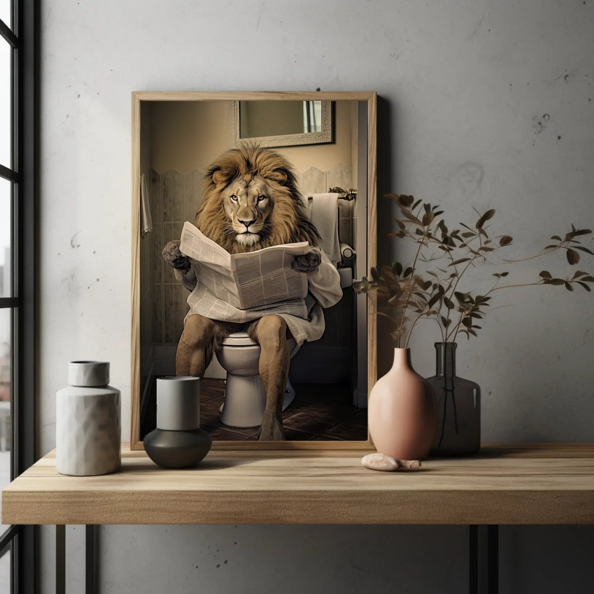 Majestic Lion Reading Newspaper On The Toilet Animal Lovers Gift Canvas Painting Funny Bathroom Art Framed Print Toilet Humor Art Wall Art – Canvas Print