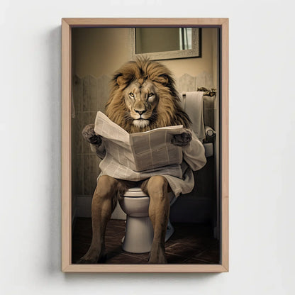 Majestic Lion Reading Newspaper On The Toilet Animal Lovers Gift Canvas Painting Funny Bathroom Art Framed Print Toilet Humor Art Wall Art – Canvas Print