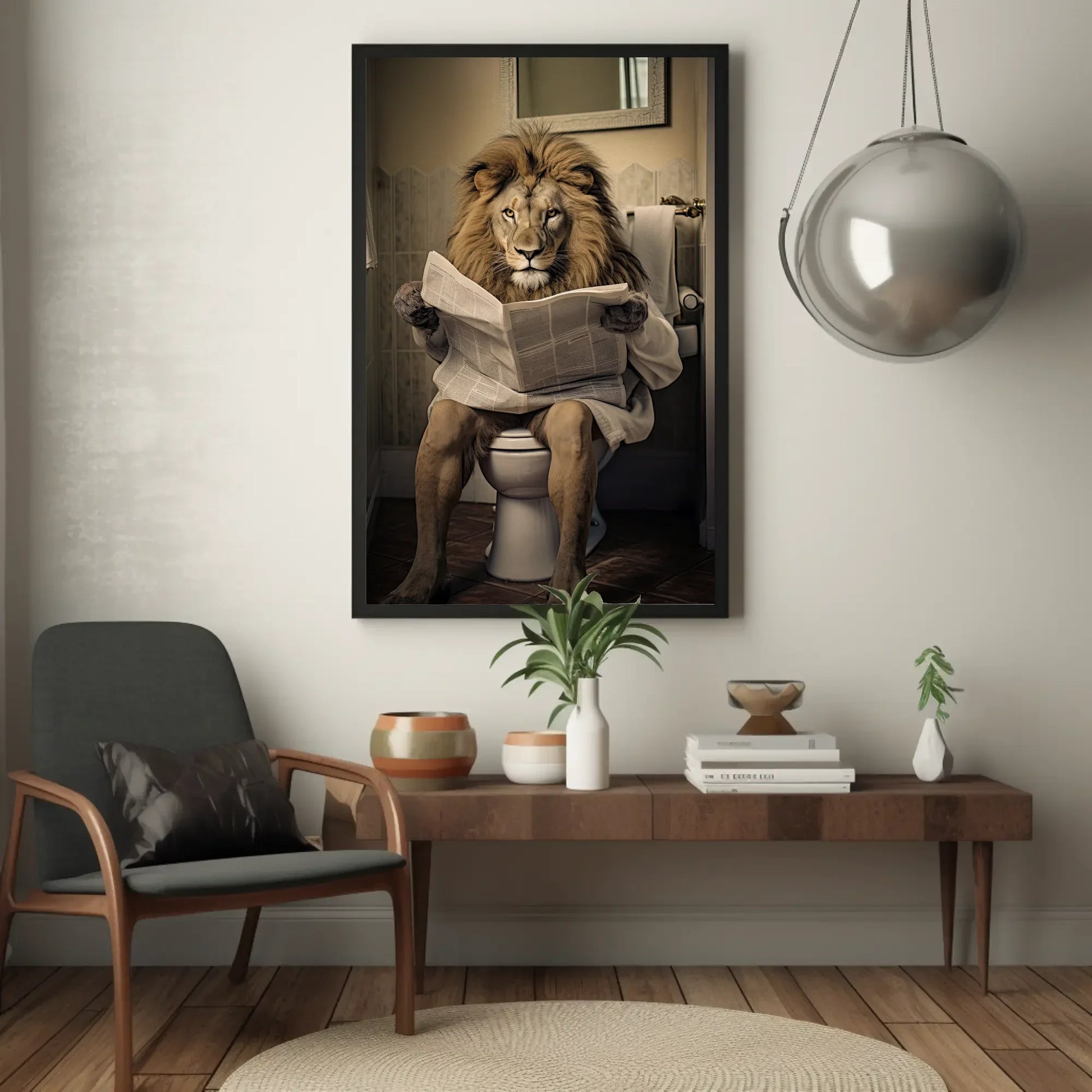 Majestic Lion Reading Newspaper On The Toilet Animal Lovers Gift Canvas Painting Funny Bathroom Art Framed Print Toilet Humor Art Wall Art – Canvas Print