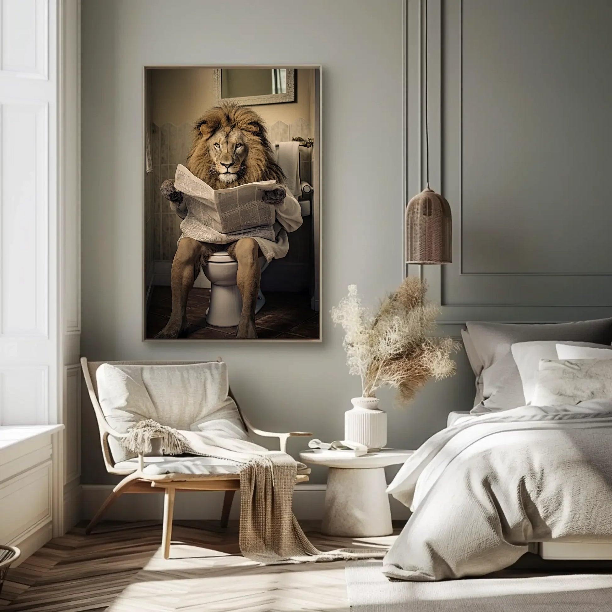 Majestic Lion Reading Newspaper On The Toilet Animal Lovers Gift Canvas Painting Funny Bathroom Art Framed Print Toilet Humor Art Wall Art – Canvas Print