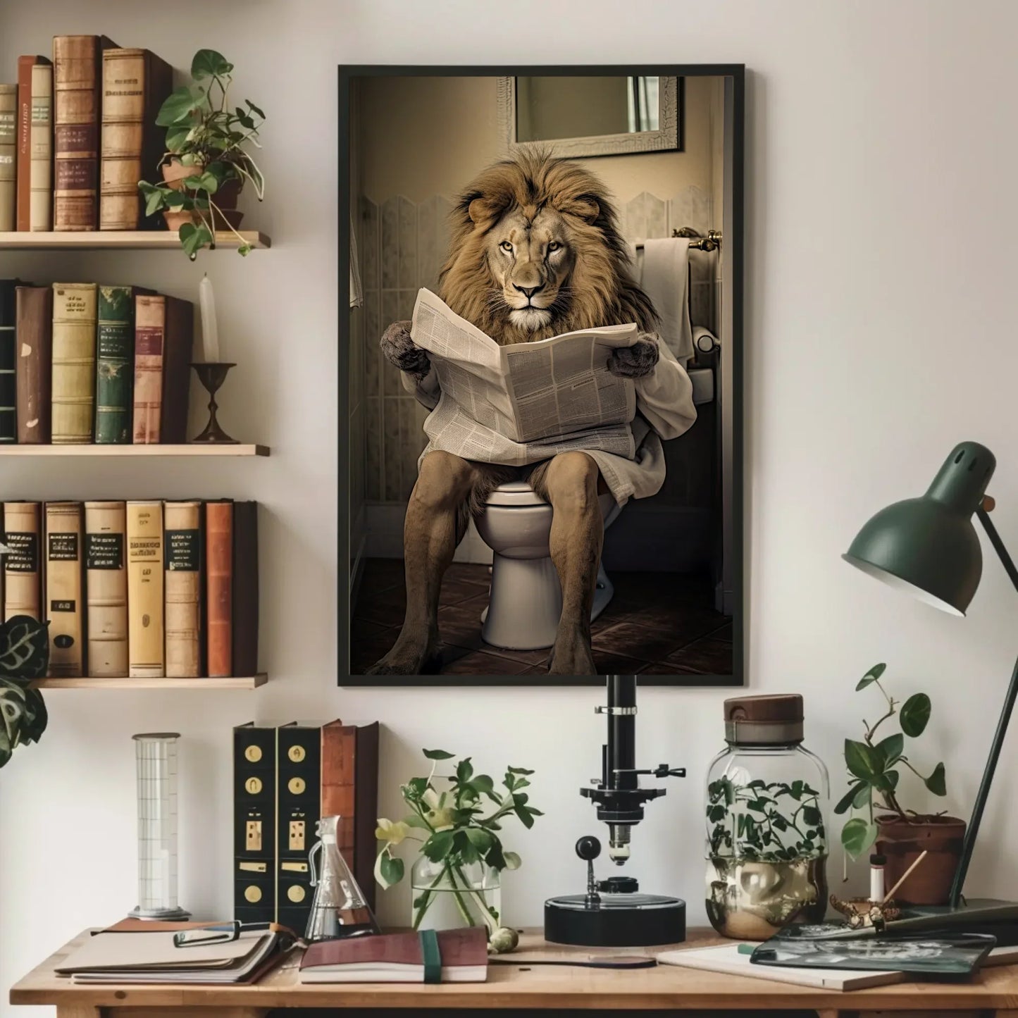 Majestic Lion Reading Newspaper On The Toilet Animal Lovers Gift Canvas Painting Funny Bathroom Art Framed Print Toilet Humor Art Wall Art – Canvas Print
