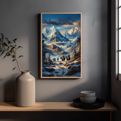 Himalayan Yaks Painting - Signed Indian Canvas Art Print for Living Room Decor