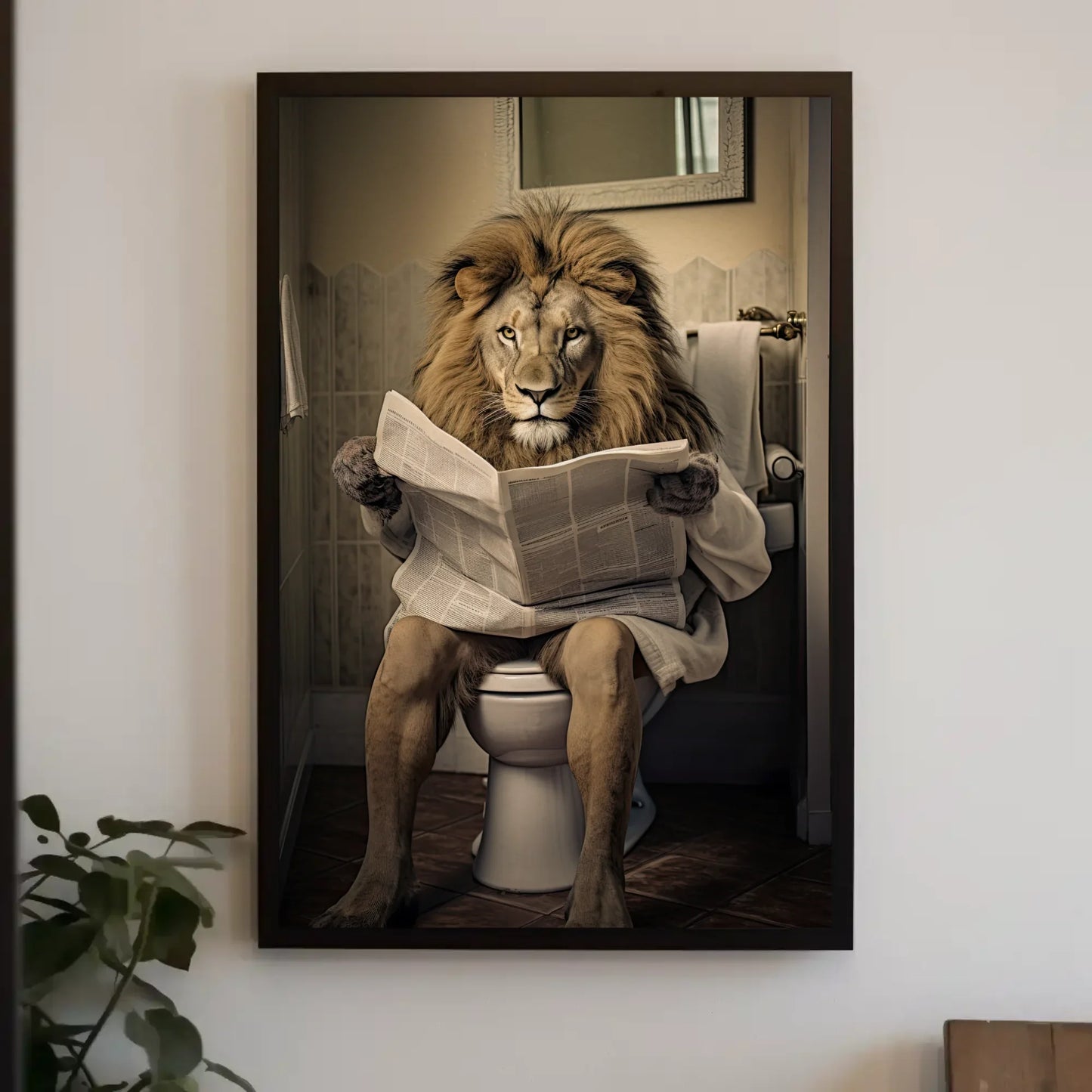 Majestic Lion Reading Newspaper On The Toilet Animal Lovers Gift Canvas Painting Funny Bathroom Art Framed Print Toilet Humor Art Wall Art – Canvas Print