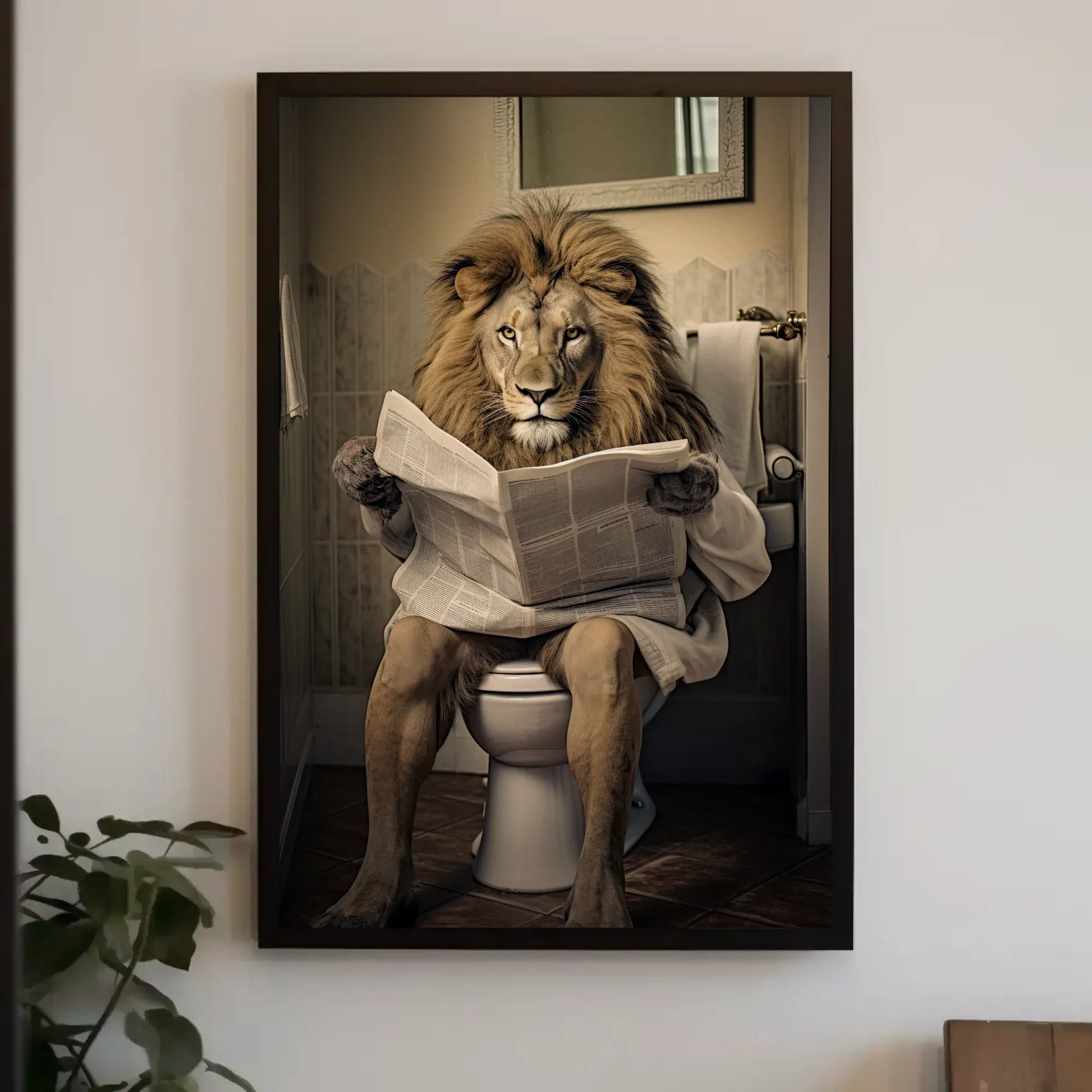 Majestic Lion Reading Newspaper On The Toilet Animal Lovers Gift Canvas Painting Funny Bathroom Art Framed Print Toilet Humor Art Wall Art – Canvas Print