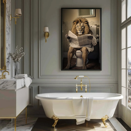 Majestic Lion Reading Newspaper On The Toilet Animal Lovers Gift Canvas Painting Funny Bathroom Art Framed Print Toilet Humor Art Wall Art – Canvas Print
